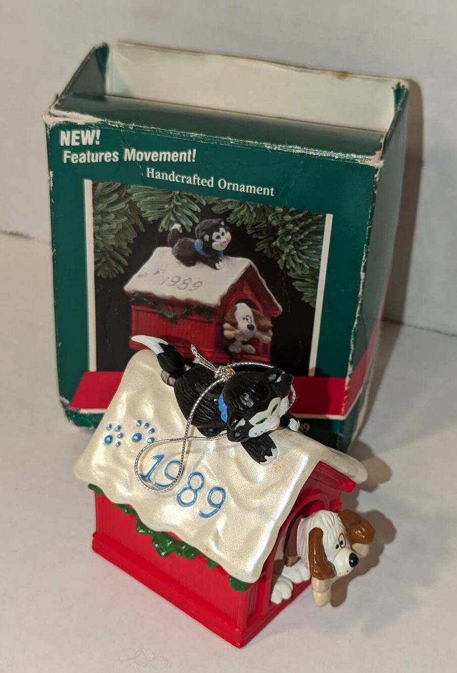 Vintage 1989 Hallmark Keepsake Christmas Ornament Let's Play Dog Cat Bobblehead